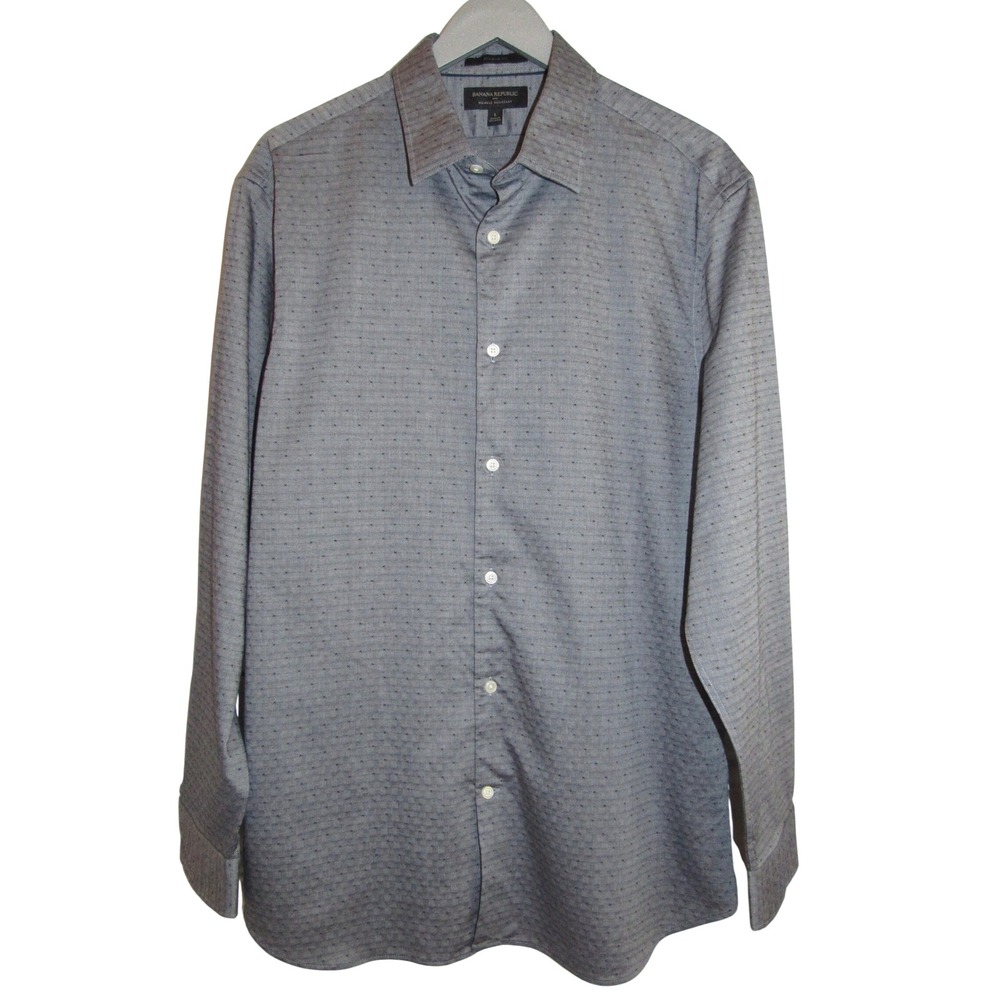 Banana Republic L Dress Shirt Athletic Fit Wrinkle Resistant‎ Gray Black Woven